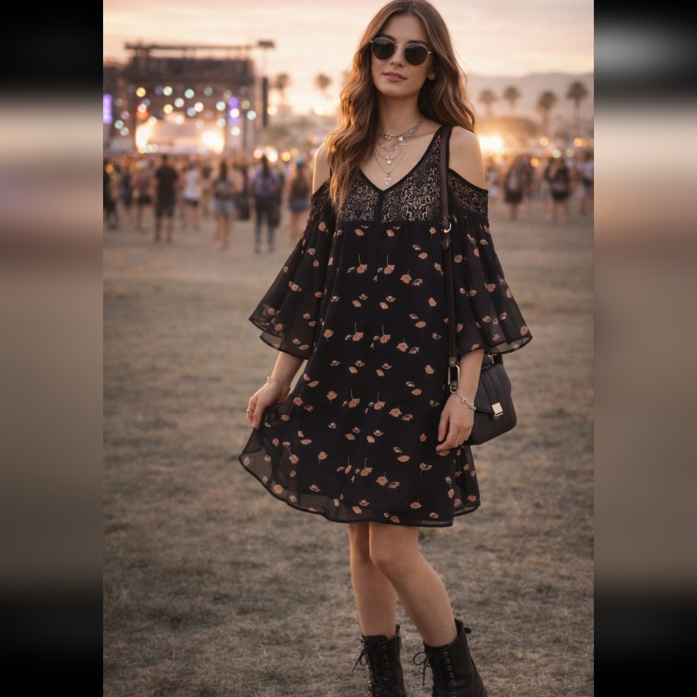 NWT Black Lace Floral Bell Sleeve Dress Cottagecore Boho Soft Goth Size L Junior